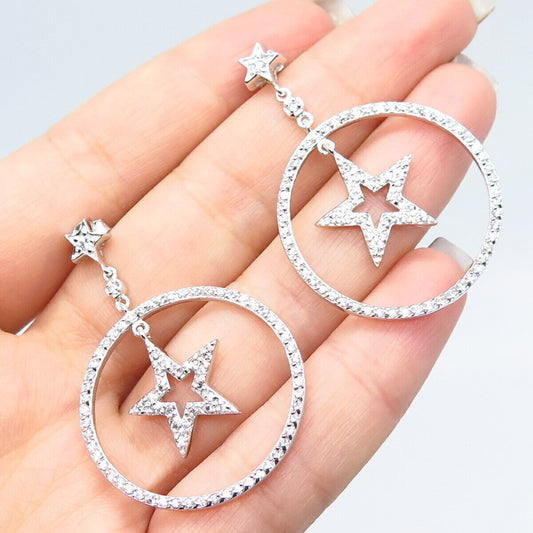 925 Sterling Silver Pave C Z Star Dangling Earrings