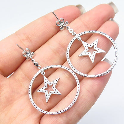 925 Sterling Silver Pave C Z Star Dangling Earrings