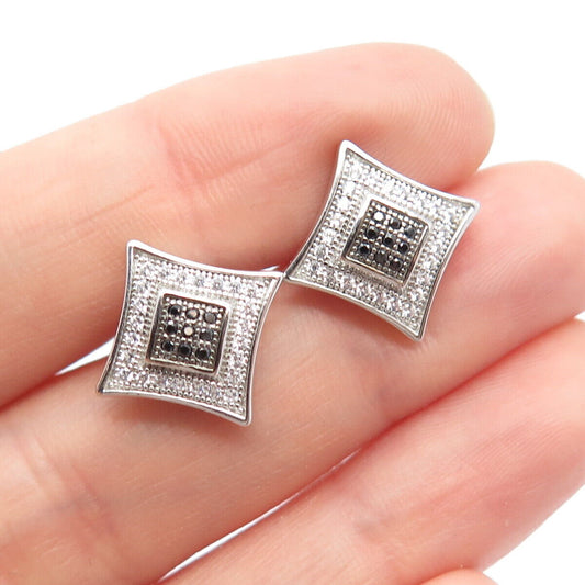 925 Sterling Silver Real Melanite Gemstone & C Z Square Stud Earrings