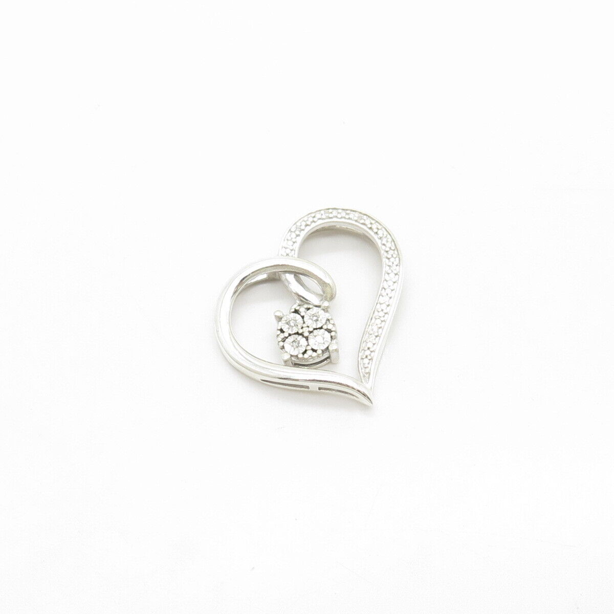 925 Sterling Silver Real White Diamond Open Heart Slide Pendant