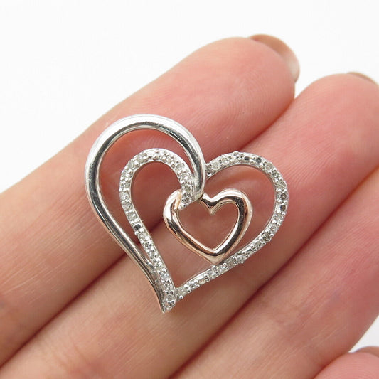 925 Sterling Silver / 10K Gold SUN Real Diamond Triple Open Heart Slide Pendant