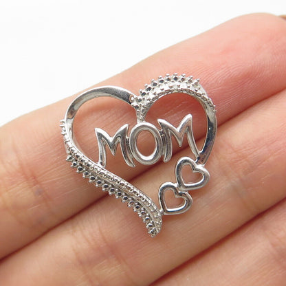 925 Sterling Silver Real Diamond Accent "MOM" Heart Love Slide Pendant