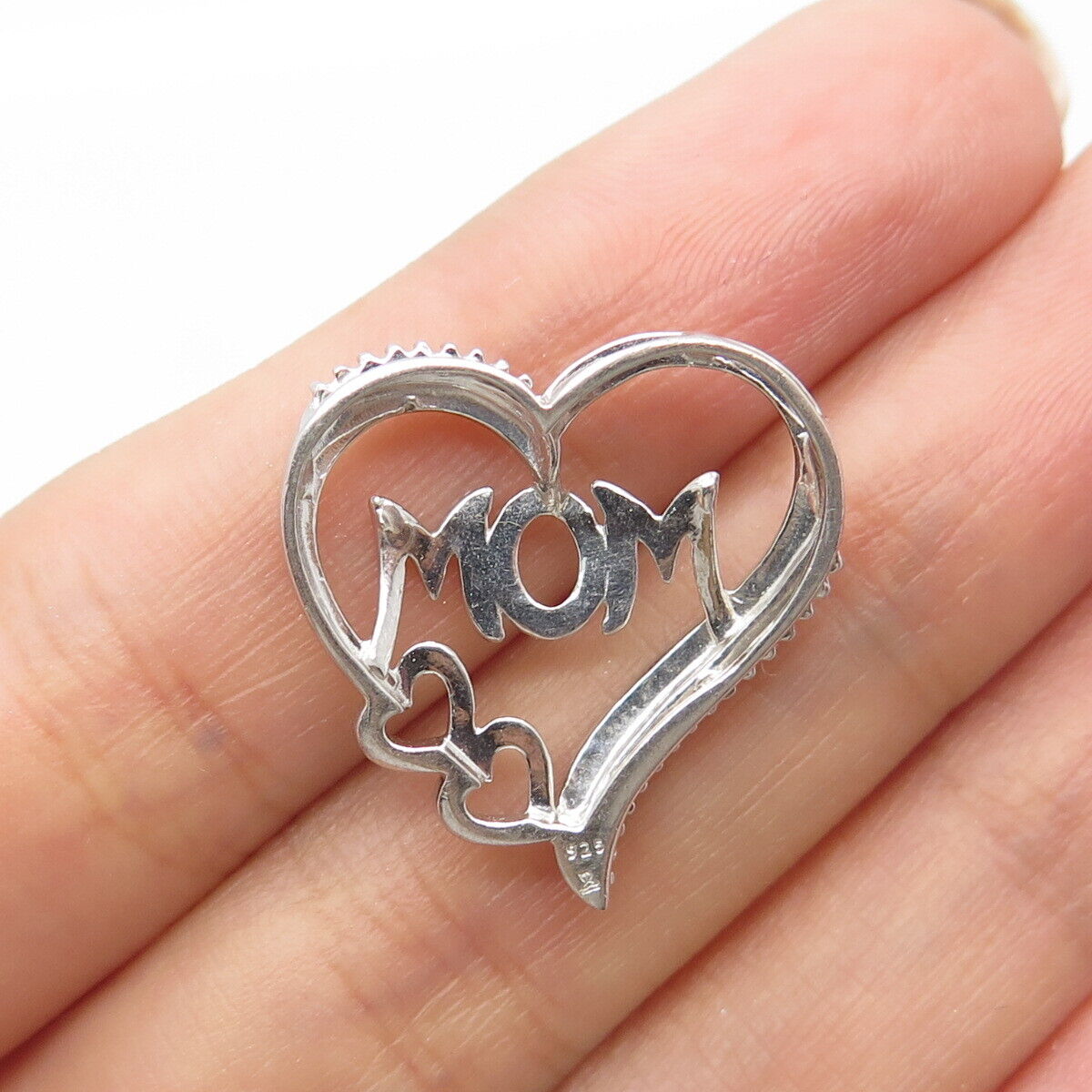 925 Sterling Silver Real Diamond Accent "MOM" Heart Love Slide Pendant