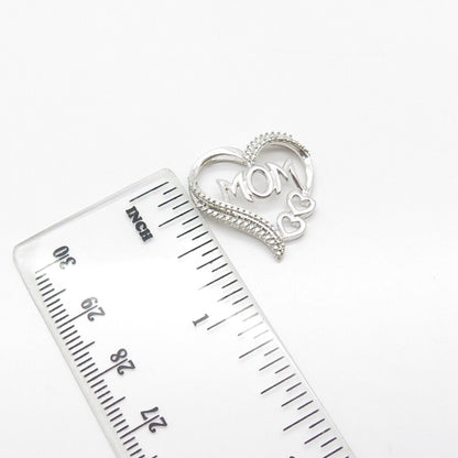 925 Sterling Silver Real Diamond Accent "MOM" Heart Love Slide Pendant