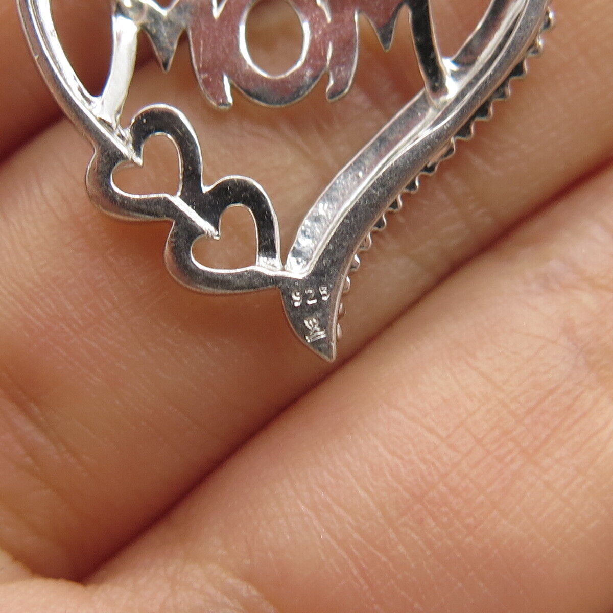 925 Sterling Silver Real Diamond Accent "MOM" Heart Love Slide Pendant