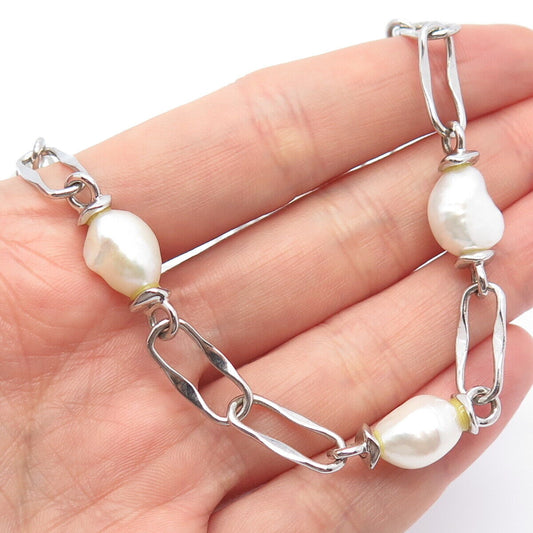 925 Sterling Silver Vintage Real Pearl Oval Chain Necklace 16"