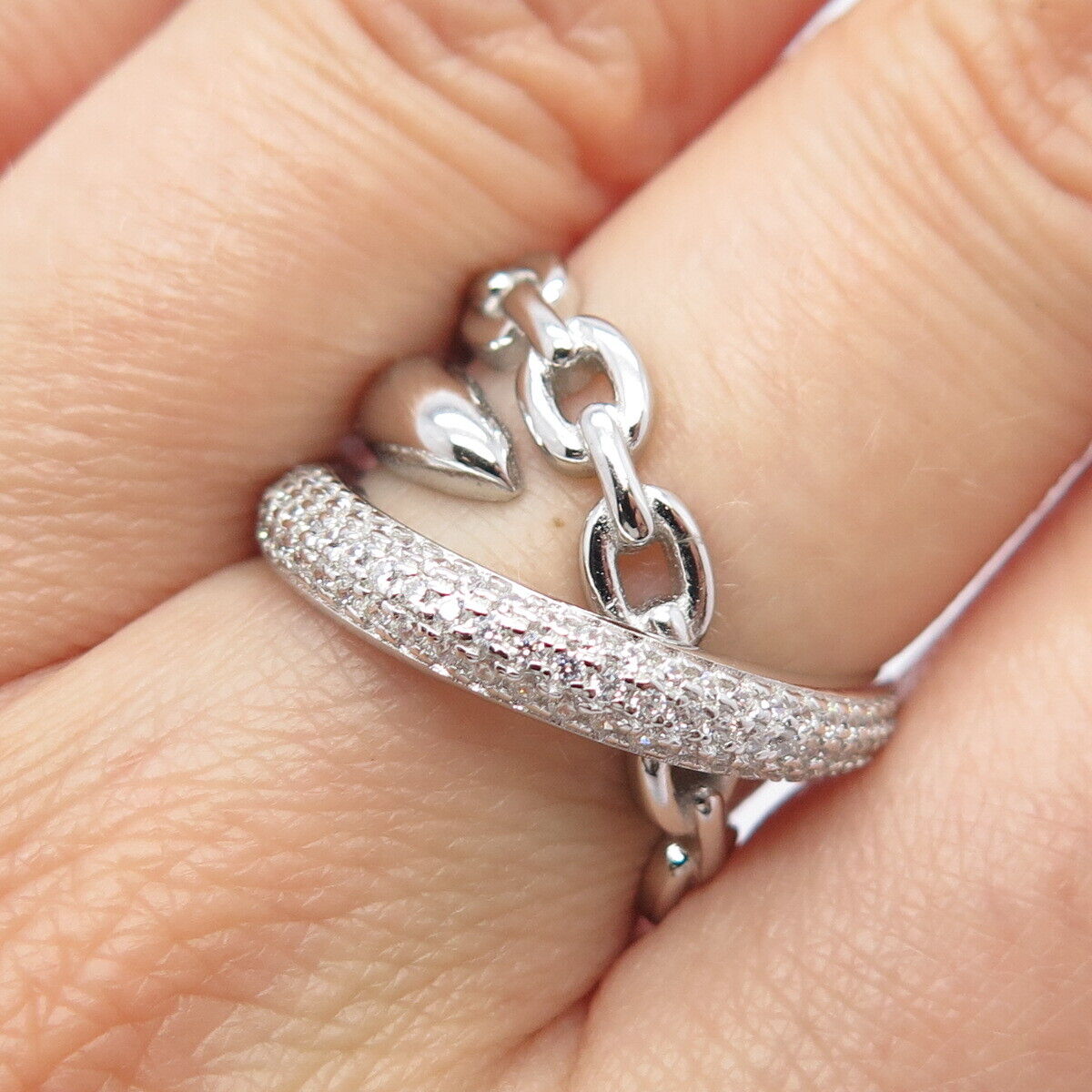 925 Sterling Silver Pave C Z Chain Crossover Ring Size 6