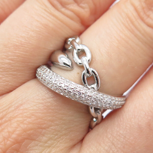 925 Sterling Silver Pave C Z Chain Crossover Ring Size 6