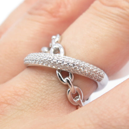 925 Sterling Silver Pave C Z Chain Crossover Ring Size 6