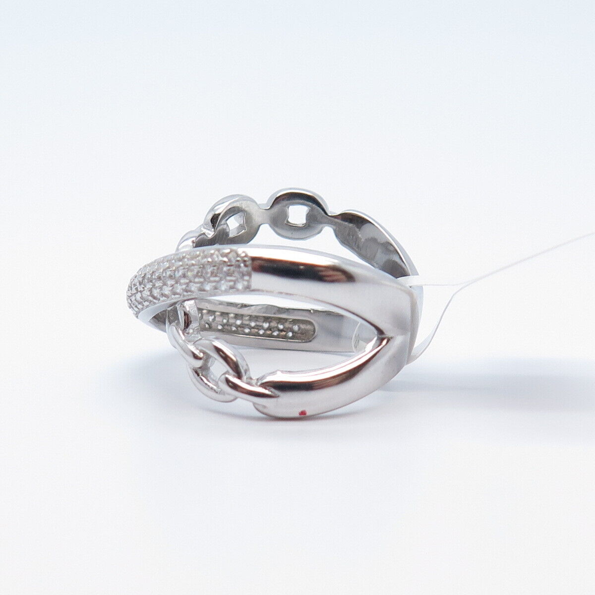 925 Sterling Silver Pave C Z Chain Crossover Ring Size 6