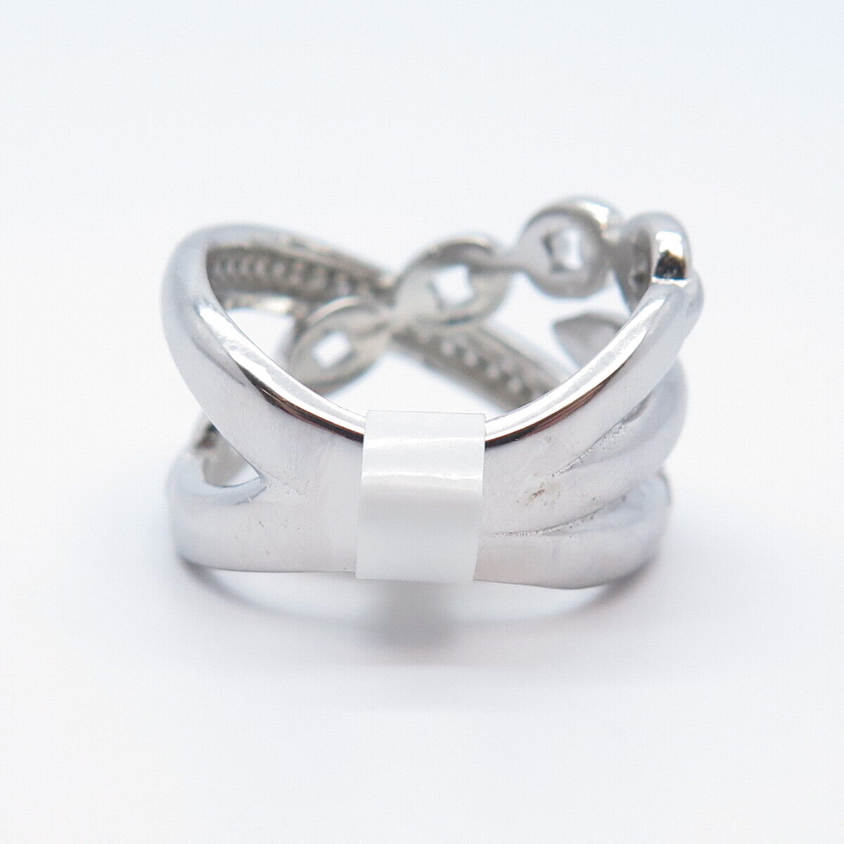 925 Sterling Silver Pave C Z Chain Crossover Ring Size 6