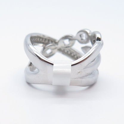 925 Sterling Silver Pave C Z Chain Crossover Ring Size 6