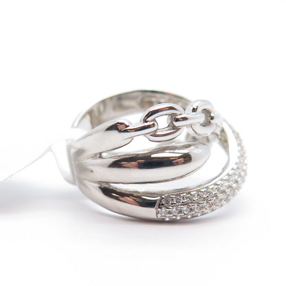 925 Sterling Silver Pave C Z Chain Crossover Ring Size 6