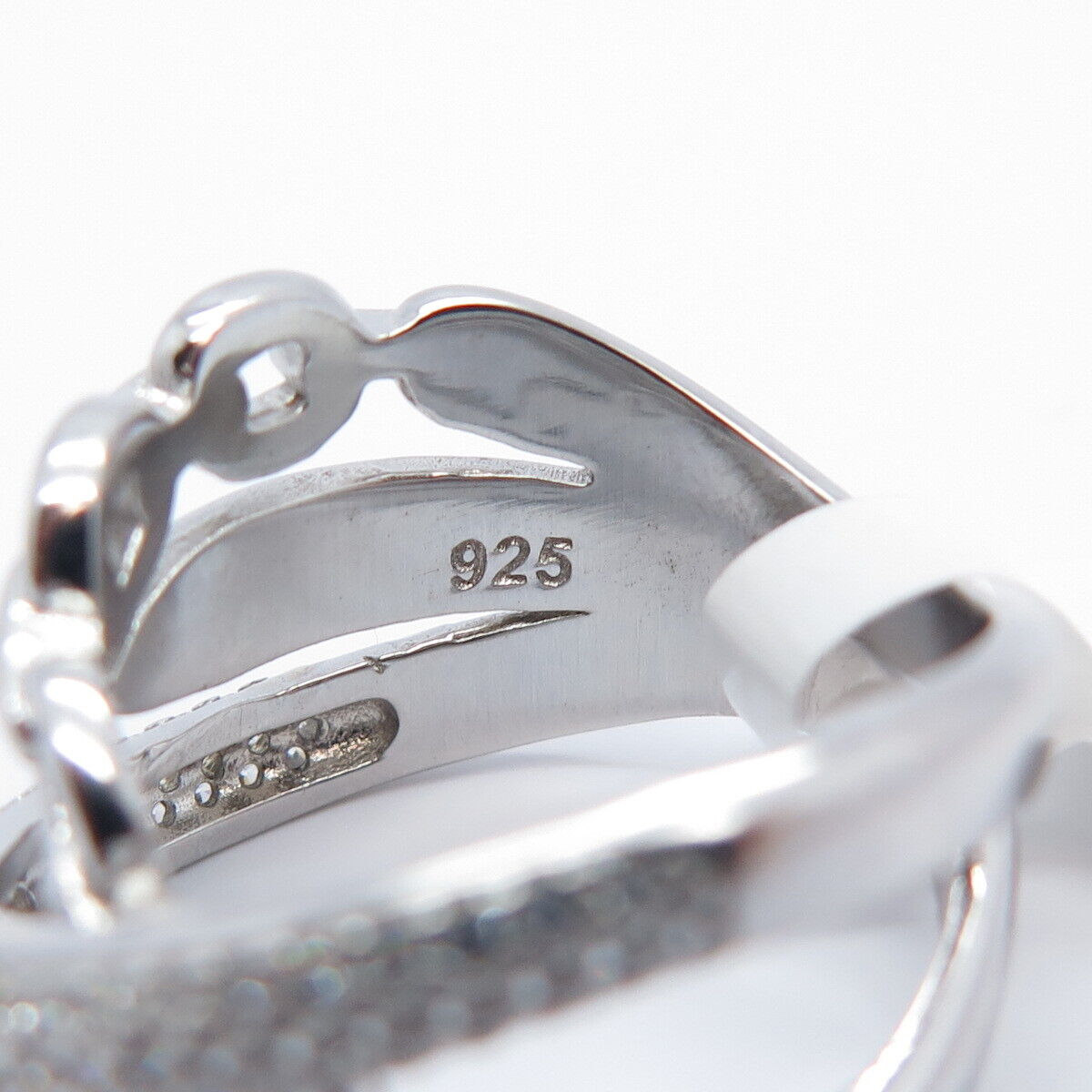 925 Sterling Silver Pave C Z Chain Crossover Ring Size 6