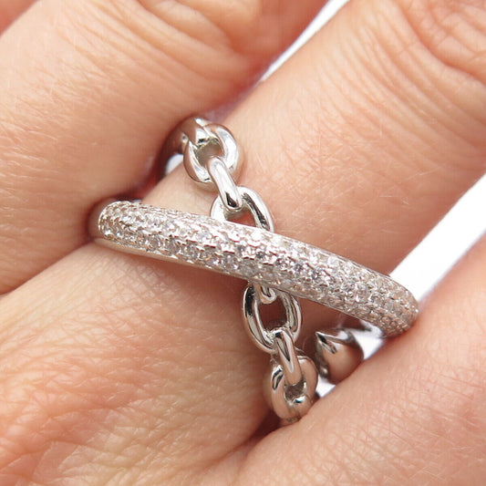 925 Sterling Silver Pave C Z Chain Crossover Ring Size 9