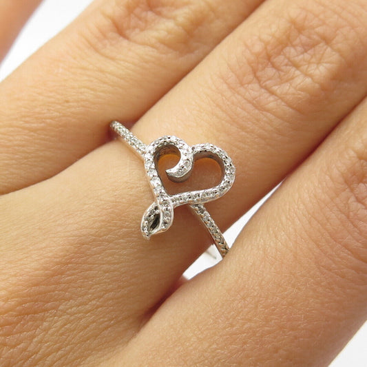 925 Sterling Silver Real White Diamond Open Heart Love Ring Size 7