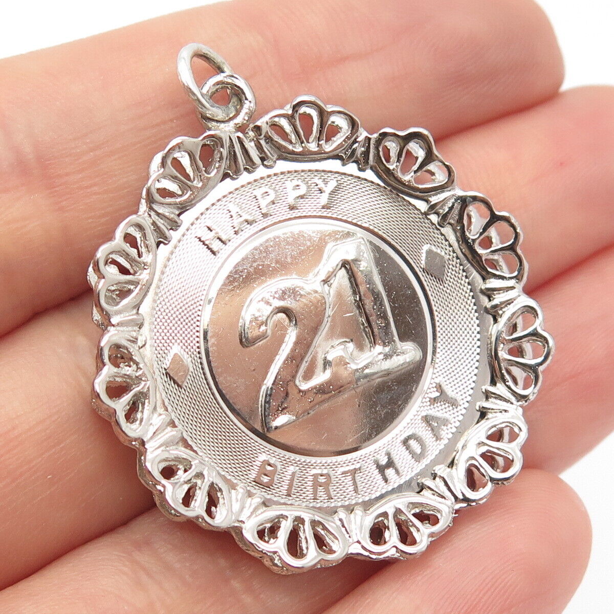 925 Sterling Silver Vintage "21 Happy Birthday" Ornate Pendant