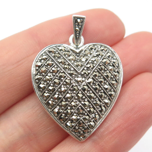 925 Sterling Silver Vintage Real Marcasite Gemstone Heart Pendant