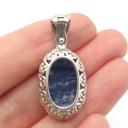 925 Sterling Silver Vintage Real Sodalite Gemstone Ornate Pendant