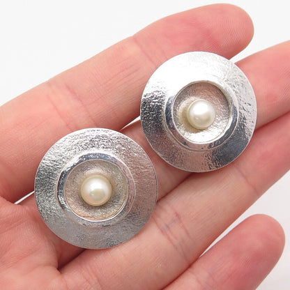 925 Sterling Silver Vintage Real Pearl Round Plate Earrings