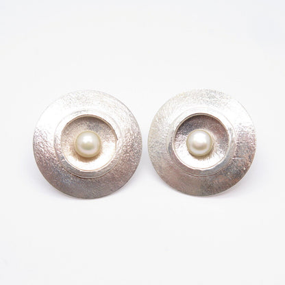 925 Sterling Silver Vintage Real Pearl Round Plate Earrings