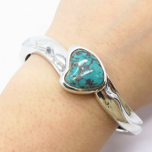 925 Sterling Silver Vintage Real Turquoise Gemstone Heart Cuff Bracelet 7.25"