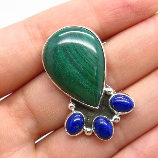 925 Sterling Silver Vintage Real Marcasite & Lapis Lazuli Gemstone Pin Brooch