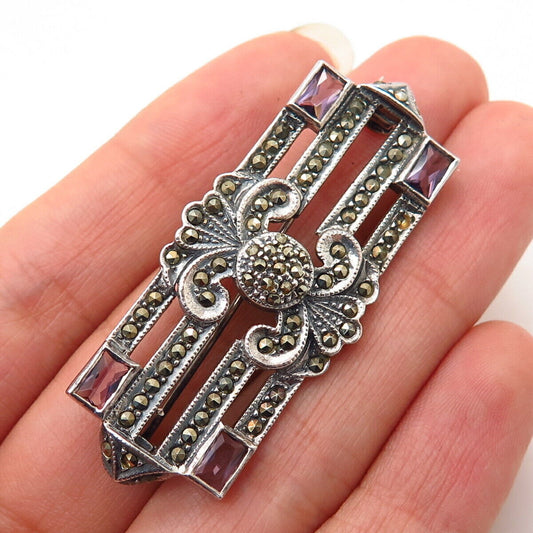 925 Sterling Silver Vintage Real Amethyst & Marcasite Gem Ornate Pin Brooch