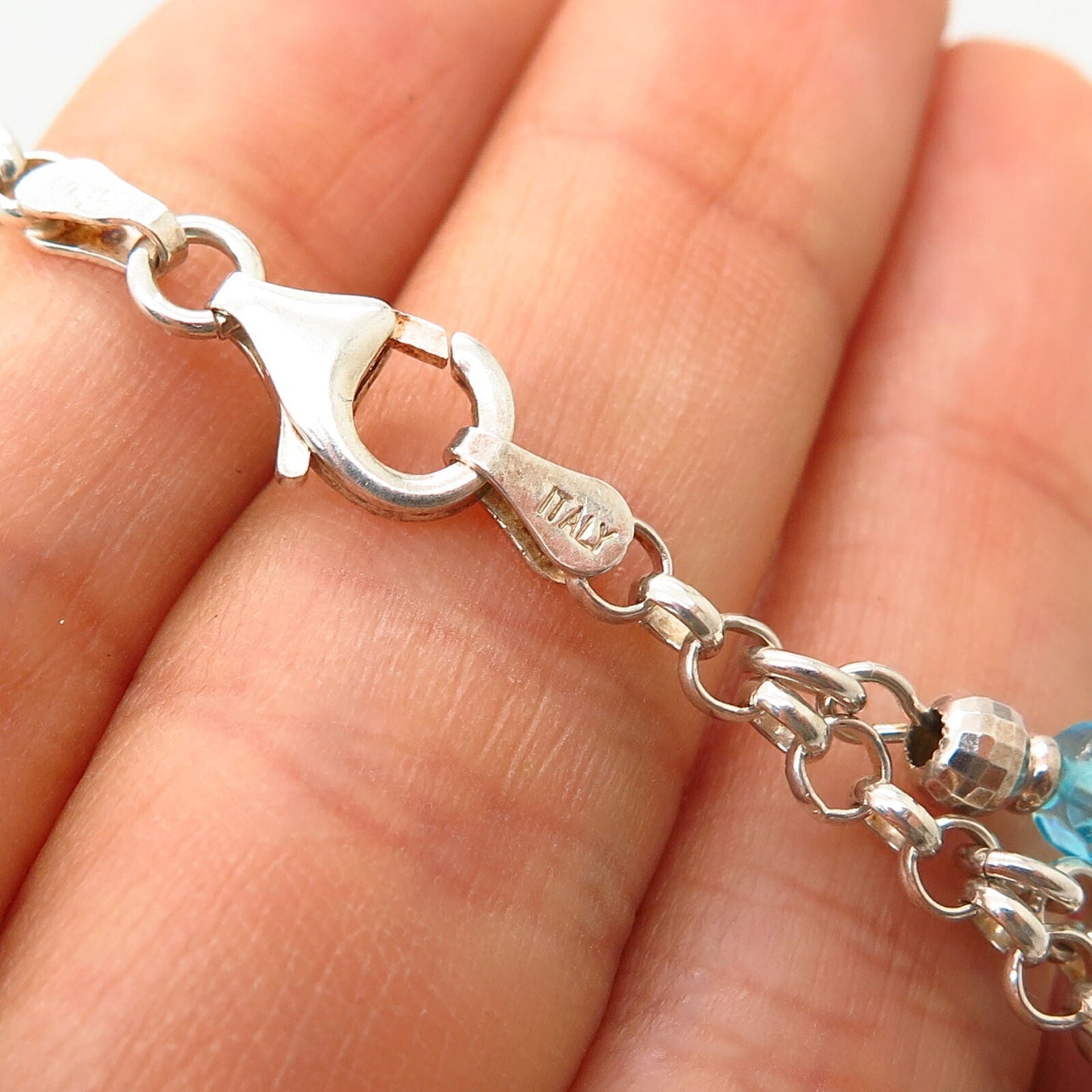 925 Sterling Italy Glass Friendly Dolphin Design Dangling Link Bracelet 6.5"