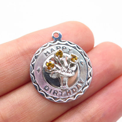 925 Sterling Silver Vintage Spencer Rhinestone "Happy Birthday" Floral Pendant