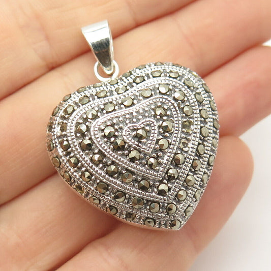 925 Sterling Silver Vintage Real Marcasite Gem Puffy Heart Pendant