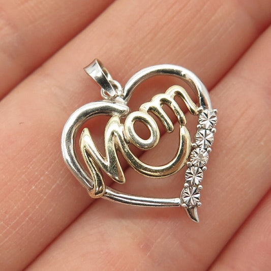 925 Sterling Silver 2-Tone "Mom" Open Heart Pendant