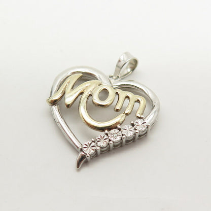 925 Sterling Silver 2-Tone "Mom" Open Heart Pendant