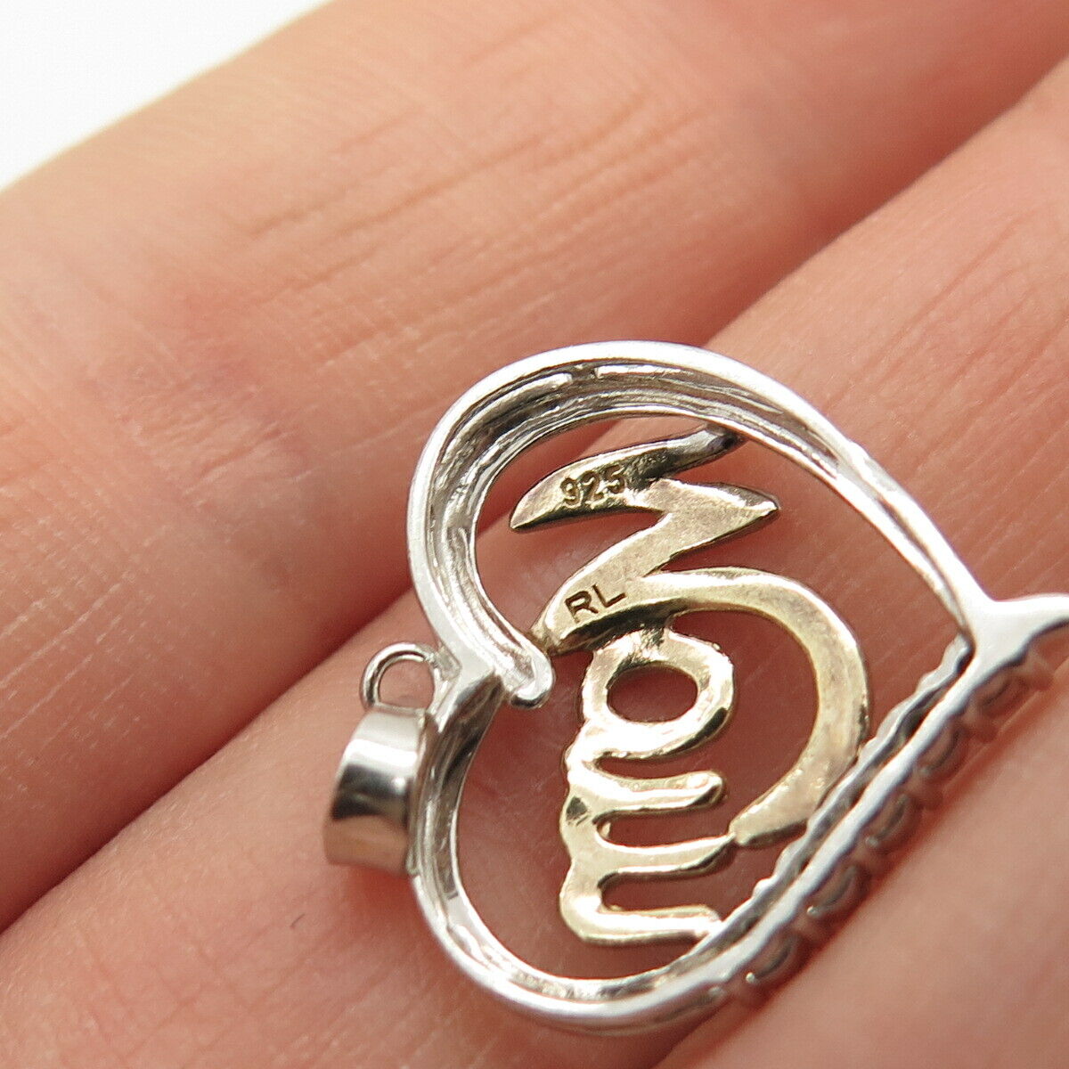 925 Sterling Silver 2-Tone "Mom" Open Heart Pendant