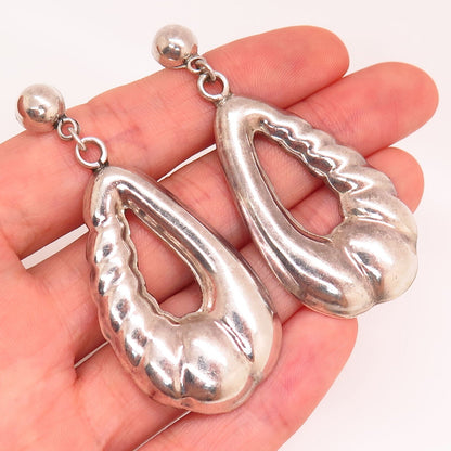 925 Sterling Silver Vintage Mexico Hollow Ribbed Design Dangling Earrings