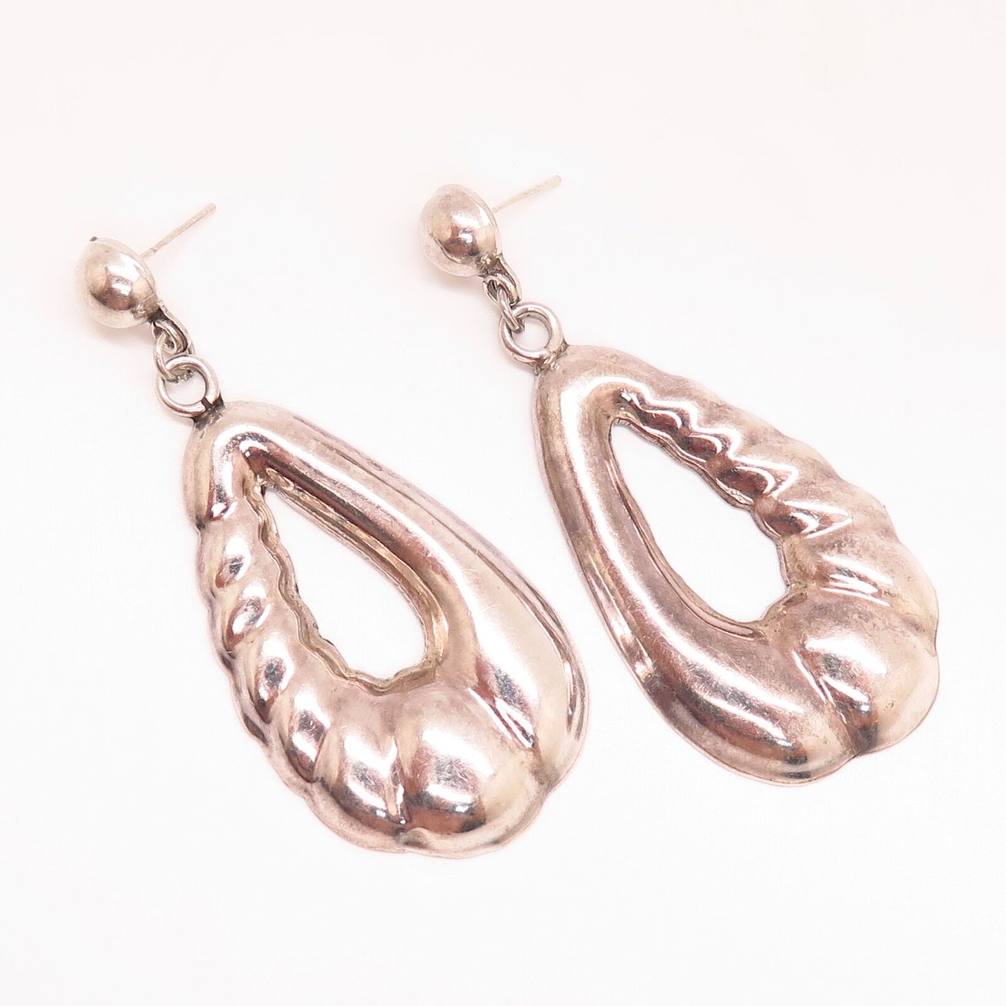 925 Sterling Silver Vintage Mexico Hollow Ribbed Design Dangling Earrings