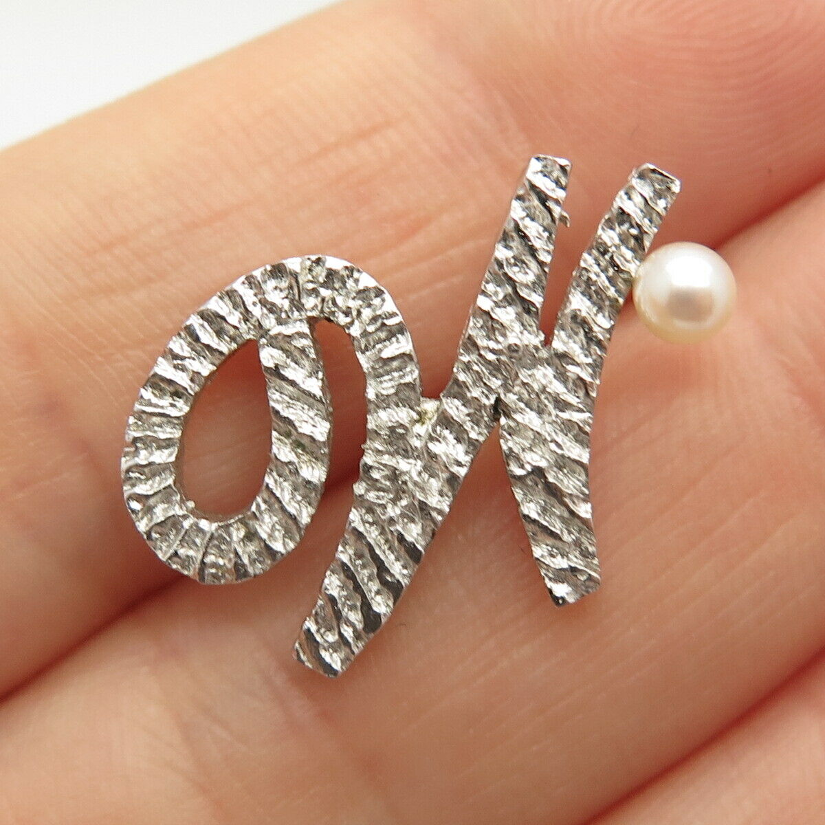 925 Sterling Silver Vintage Real Pearl Letter "M" Initial Lapel Pin