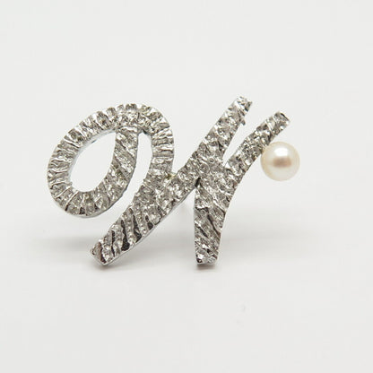 925 Sterling Silver Vintage Real Pearl Letter "M" Initial Lapel Pin