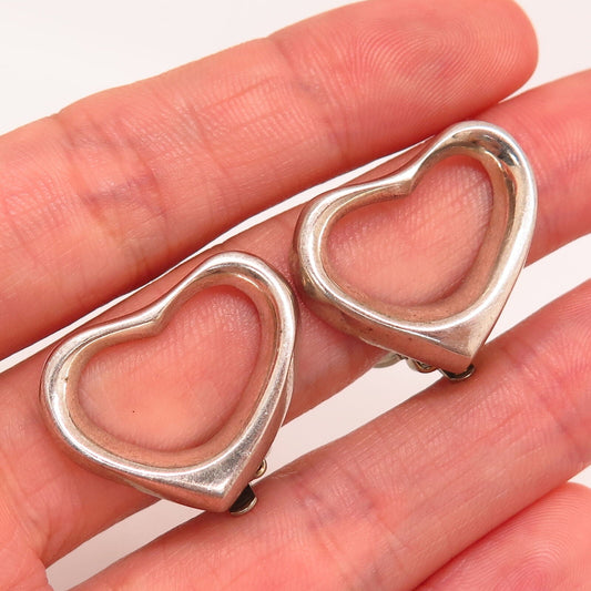 925 Sterling Silver Vintage Mexico Open Heart Design Clip On Earrings