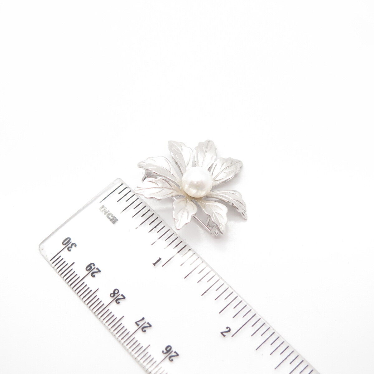 925 Sterling Silver Vintage Real Pearl Floral Pin Brooch