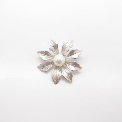 925 Sterling Silver Vintage Real Pearl Floral Pin Brooch