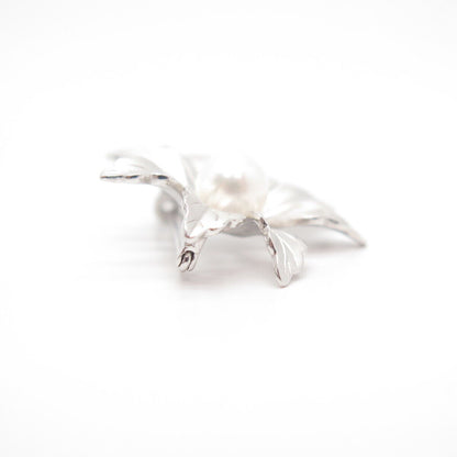 925 Sterling Silver Vintage Real Pearl Floral Pin Brooch