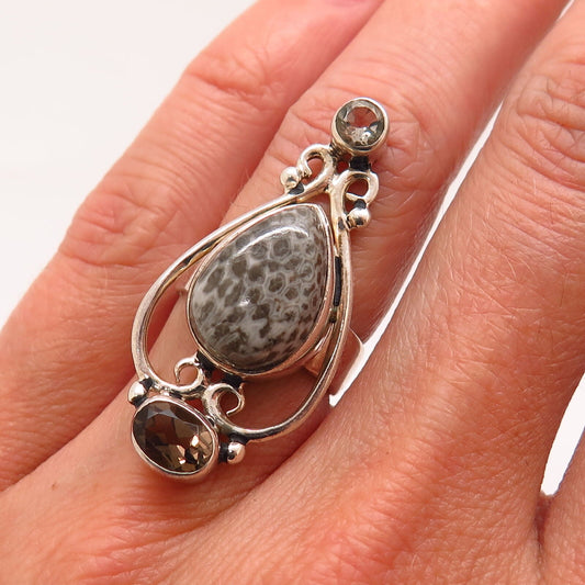 925 Sterling Silver Real Fossilized Coral & White Smoky Quartz Ring Size 5