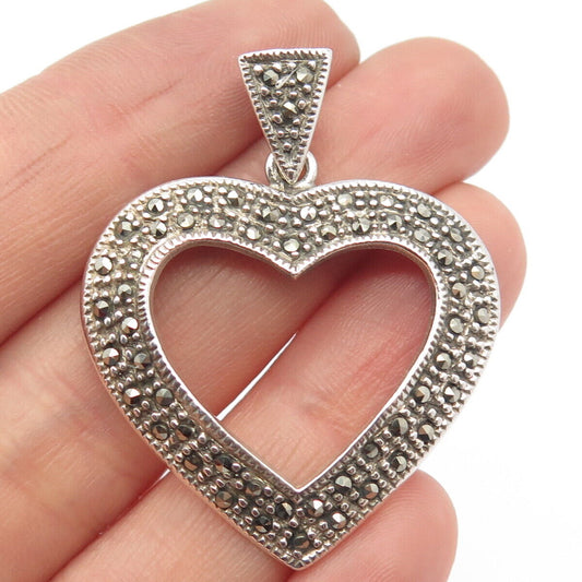 925 Sterling Silver Vintage Real Marcasite Gem Open Heart Pendant