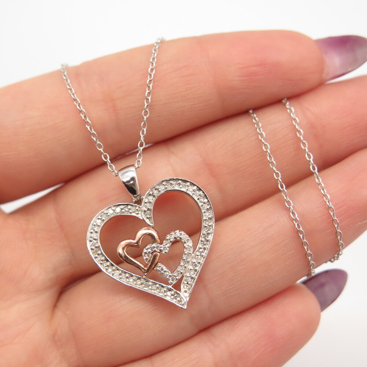 925 Sterling Silver 2-Tone White Diamond Triple Heart Rolo Chain Necklace 16"