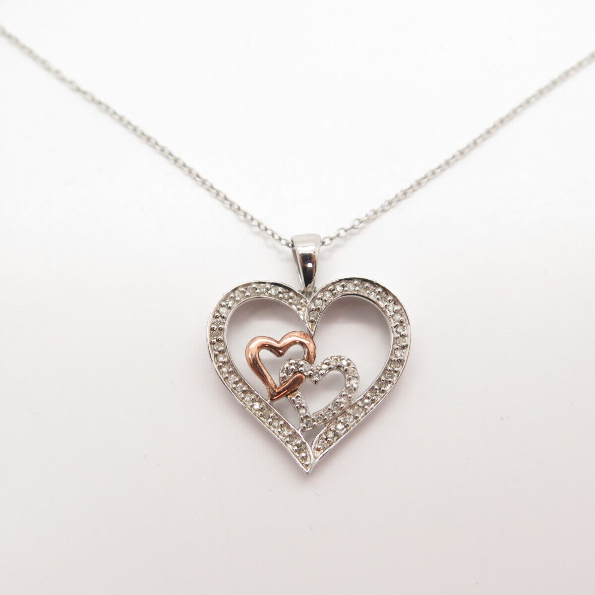 925 Sterling Silver 2-Tone White Diamond Triple Heart Rolo Chain Necklace 16"