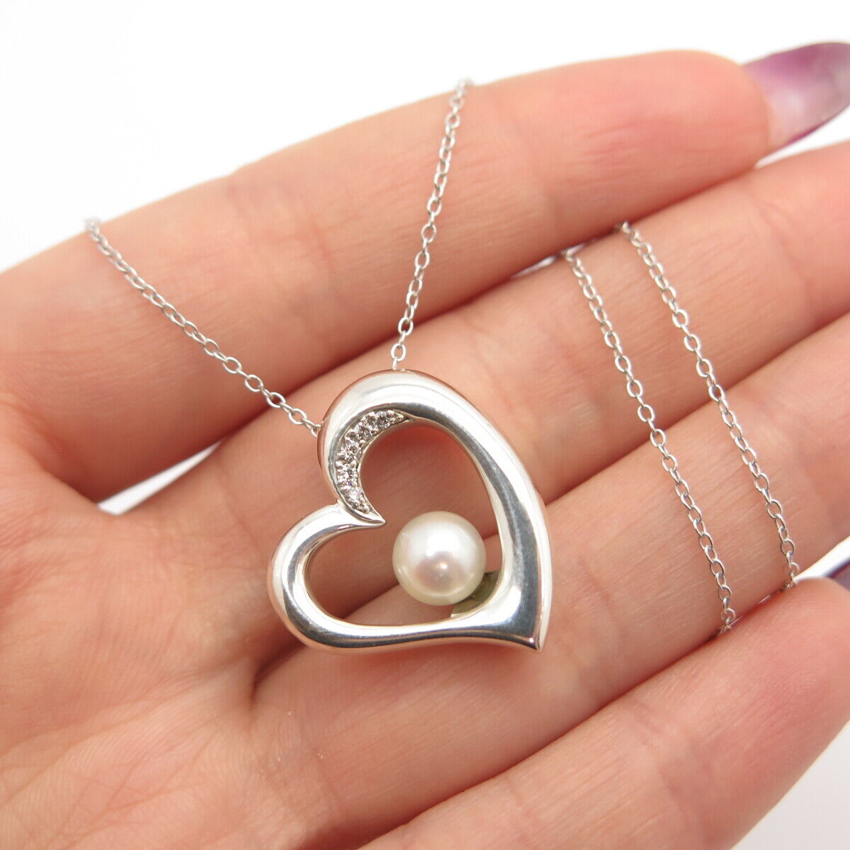 925 Sterling Silver Real Pearl & White Diamond Heart Rolo Chain Necklace 16"