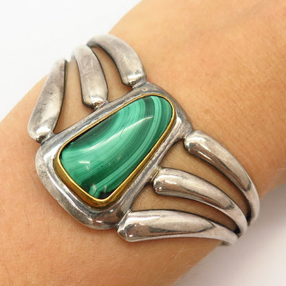 925 Sterling 2-Tone Vintage Mexico Malachite Gem Hinged Bangle Bracelet 6.5"