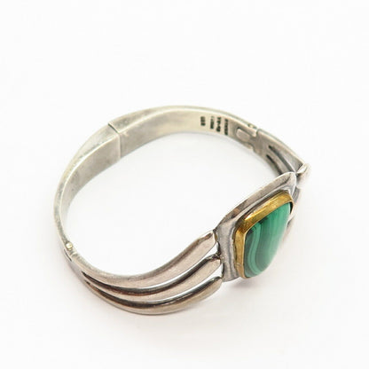 925 Sterling 2-Tone Vintage Mexico Malachite Gem Hinged Bangle Bracelet 6.5"