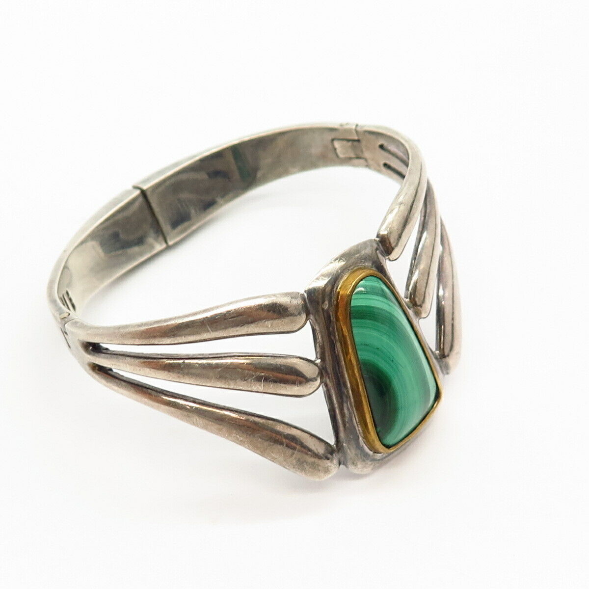 925 Sterling 2-Tone Vintage Mexico Malachite Gem Hinged Bangle Bracelet 6.5"